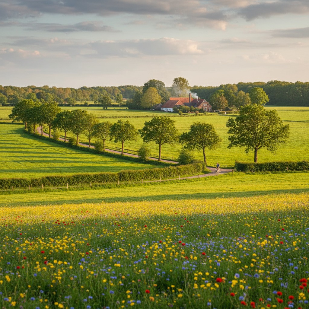 Een fietser rijdt over een kronkelend pad door een groen landschap met een kleurrijk bloemenveld op de voorgrond en een boerderij in de verte.